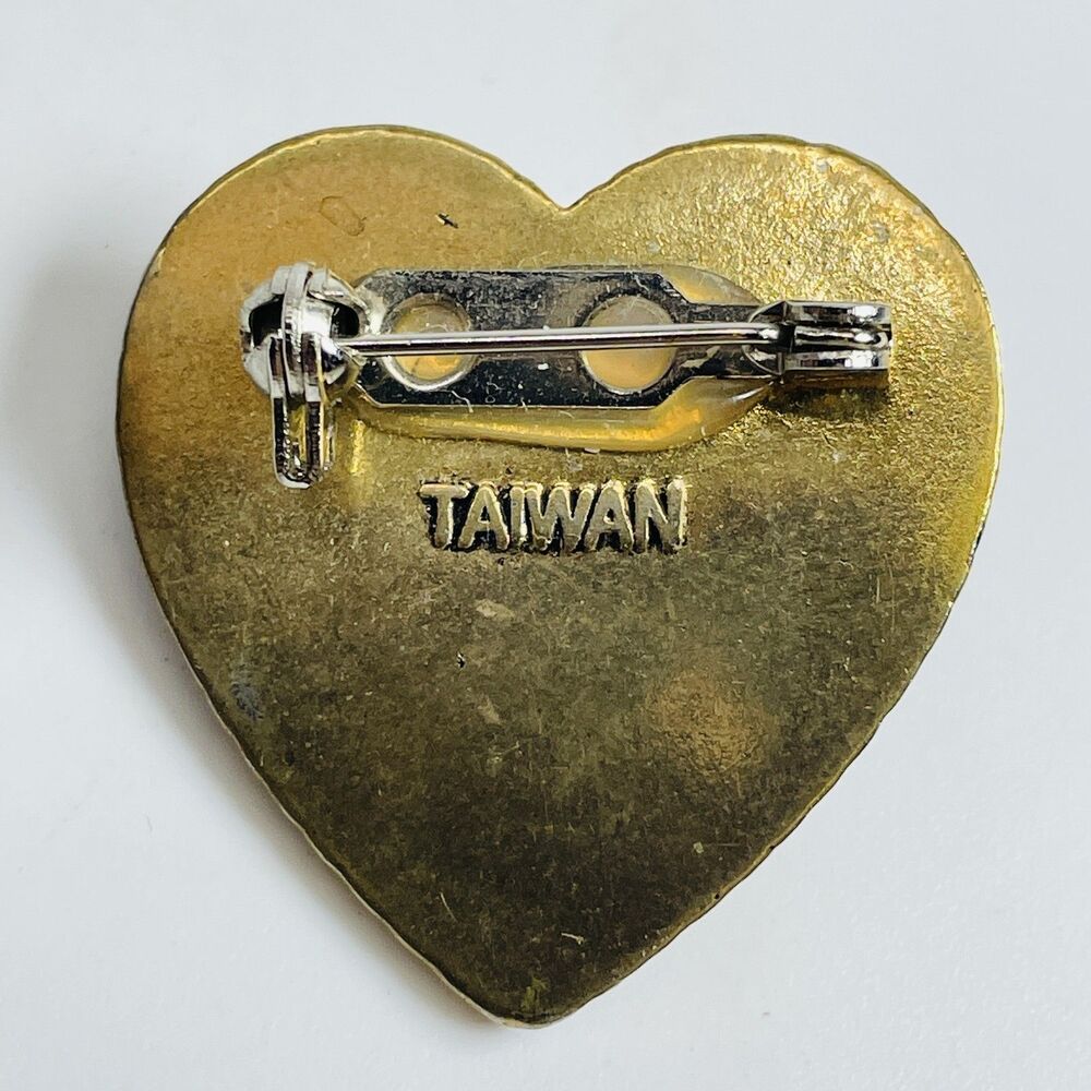 Vintage Gold Tone Heart Brooch Pin Faux Pearl Textured Rope Design Taiwan - Picture 2 of 4